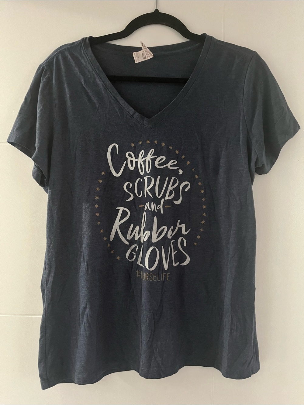 District Women's Navy V-Neck “Coffee Scrubs and Rubber Gloves” T-Shirt
